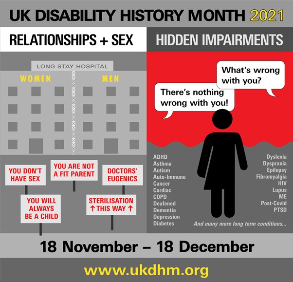 Flyer for Disability History Month 2021 shows building and person to illustrate joint themes of hidden impairments and relationship/sex